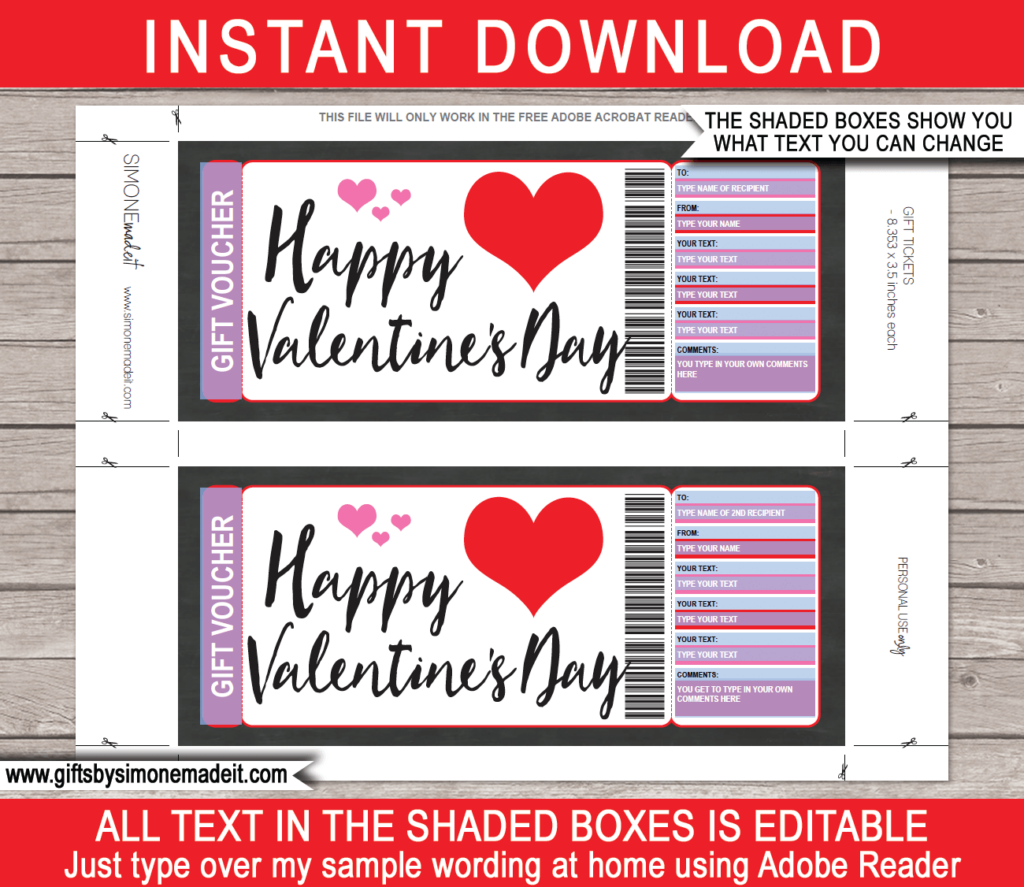 Printable Valentine s Day Gift Vouchers Custom Personalized Template