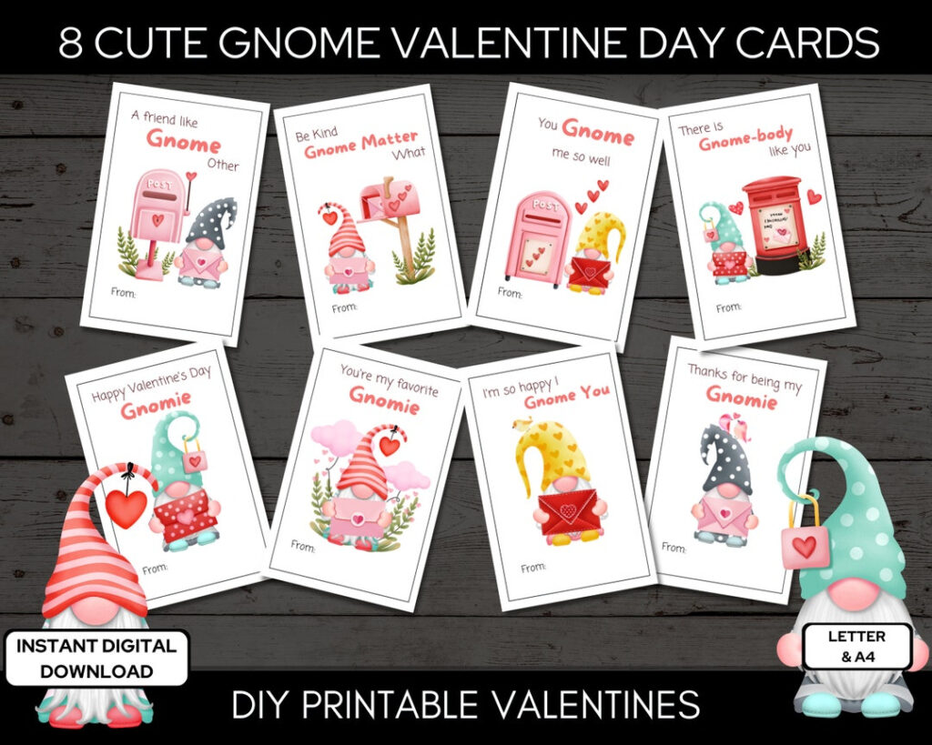 8 Printable Gnome Valentine Cards For Classroom Valentines Exchanges 