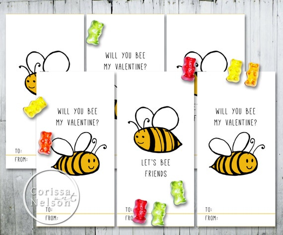 Bee Valentine Card Printable Kids Friends 6 Per Page