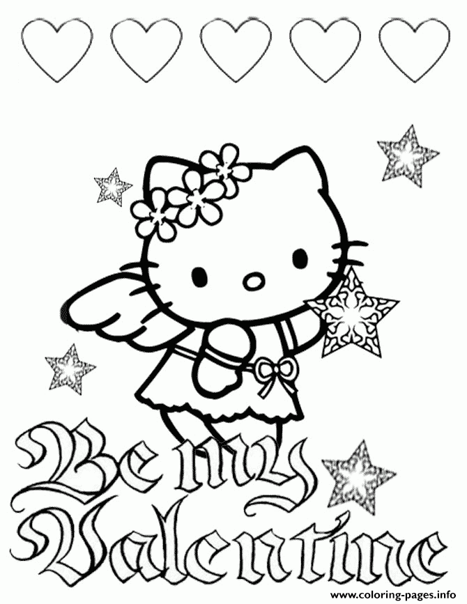 Hello Kitty Hearts And Stars Valentines Coloring Page Printable