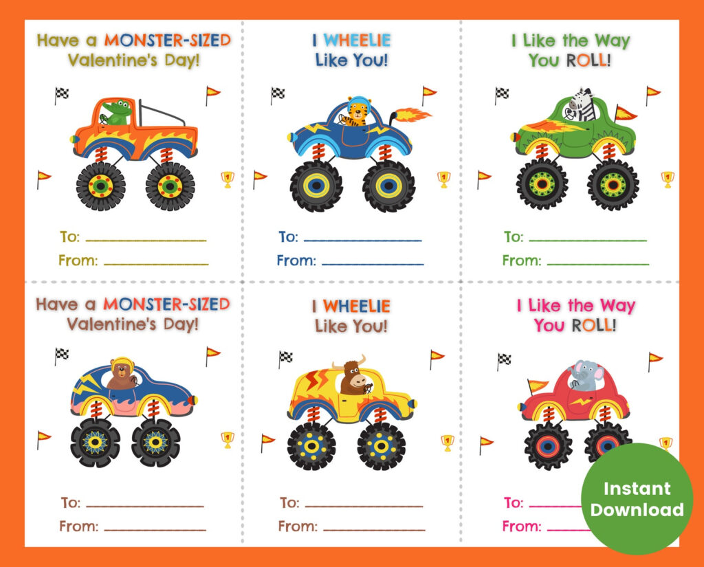 Monster Truck Valentine s Day Cards For Kids Printable Etsy