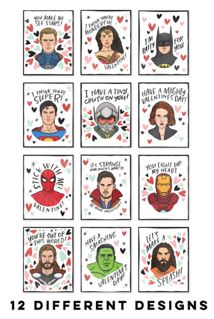 Super Hero Valentines Marvel DC Printable Illustrated Etsy